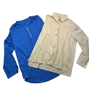 Lot of 2 Womens Plus Size 2XL Blue Zip Blouse & Beige Textured Button Down Shirt